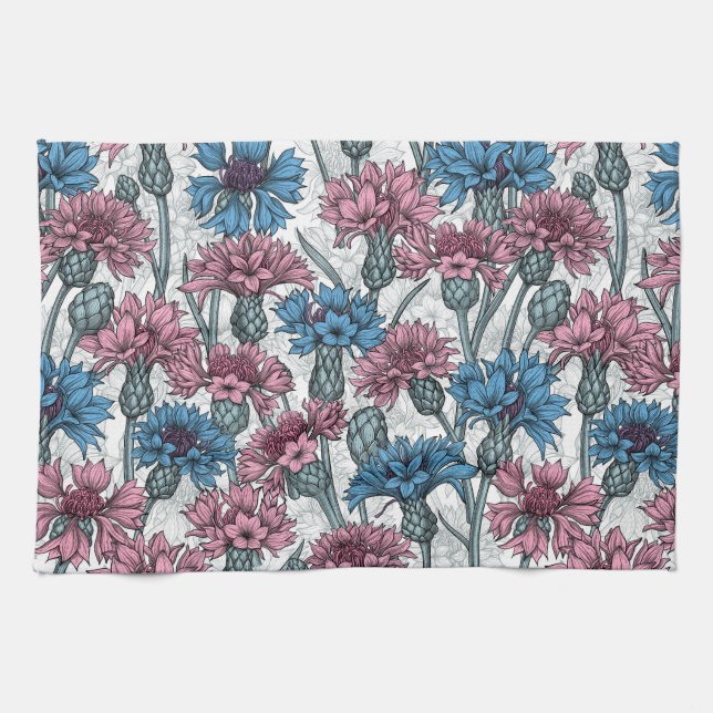Pink and blue cornflowers, wild flowers on white tea towel (Horizontal)