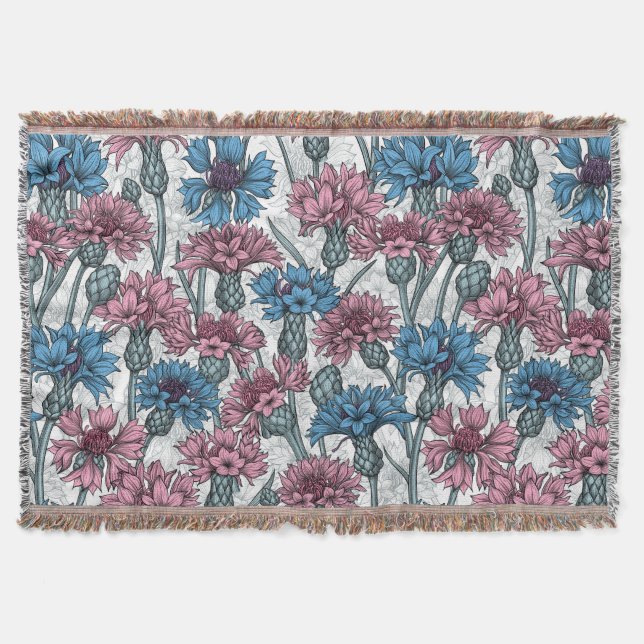 Pink and blue cornflowers, wild flowers on white throw blanket (Front)