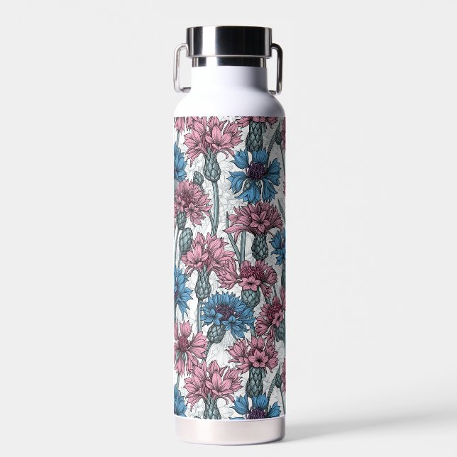 Pink and blue cornflowers, wild flowers on white water bottle (Front)