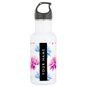 Pink and Blue Dahlia, Floral Pattern, Your Name 532 Ml Water Bottle