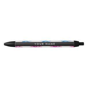 Pink and Blue Dahlia, Floral Pattern, Your Name Black Ink Pen