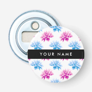 Pink and Blue Dahlia, Floral Pattern, Your Name Bottle Opener