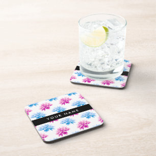 Pink and Blue Dahlia, Floral Pattern, Your Name Coaster