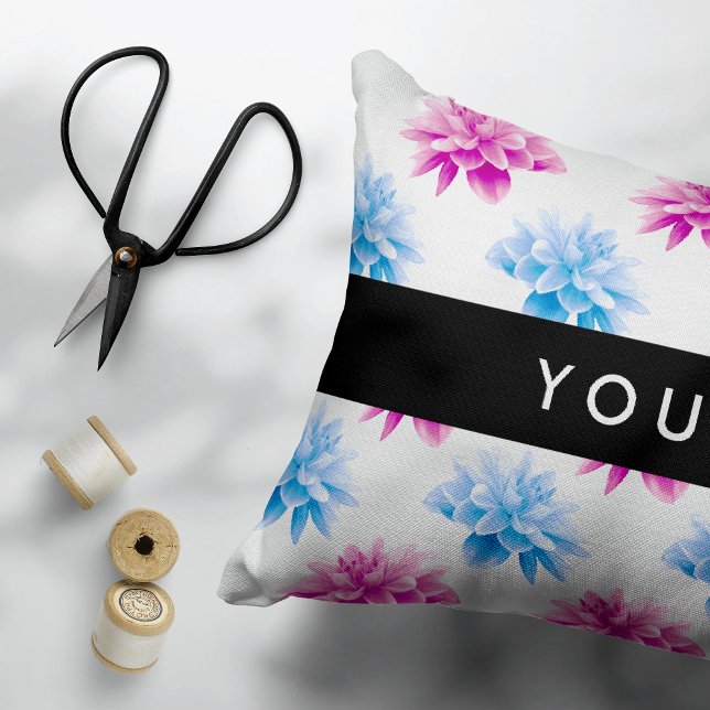 Pink and Blue Dahlia, Floral Pattern, Your Name Decorative Cushion (Creator Uploaded)