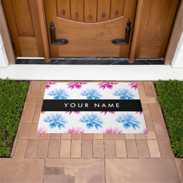Pink and Blue Dahlia, Floral Pattern, Your Name Doormat (Outdoor)