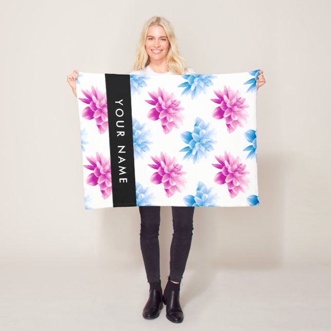 Pink and Blue Dahlia, Floral Pattern, Your Name Fleece Blanket (In Situ)