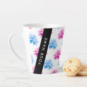 Pink and Blue Dahlia, Floral Pattern, Your Name Latte Mug