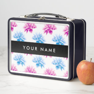 Pink and Blue Dahlia, Floral Pattern, Your Name Metal Lunch Box
