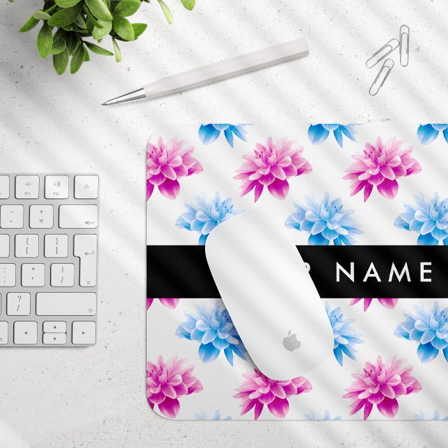 Pink and Blue Dahlia, Floral Pattern, Your Name Mouse Pad (Creator Uploaded)