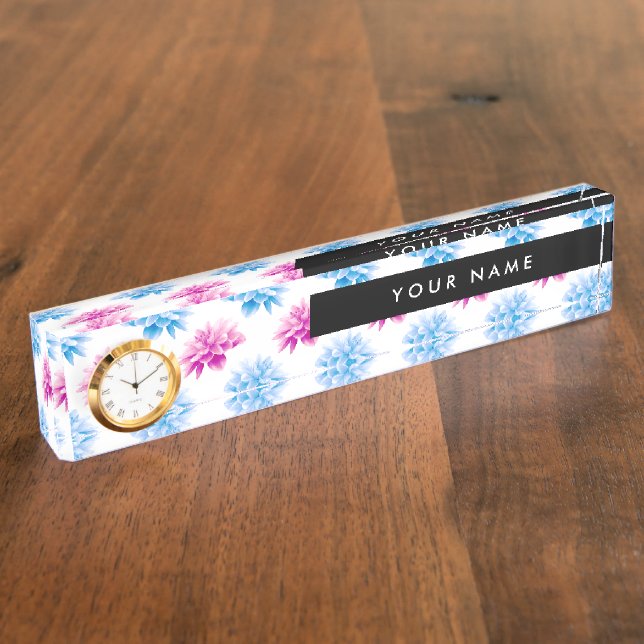 Pink and Blue Dahlia, Floral Pattern, Your Name Nameplate (Side)