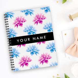 Pink and Blue Dahlia, Floral Pattern, Your Name Notebook