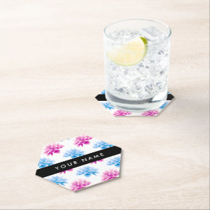 Pink and Blue Dahlia, Floral Pattern, Your Name Paper Coaster