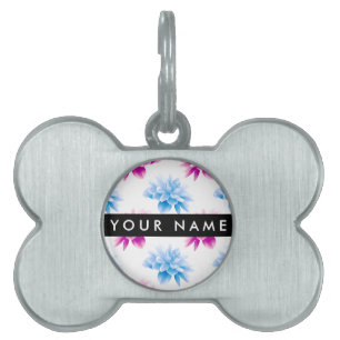 Pink and Blue Dahlia, Floral Pattern, Your Name Pet ID Tag
