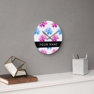 Pink and Blue Dahlia, Floral Pattern, Your Name Round Clock