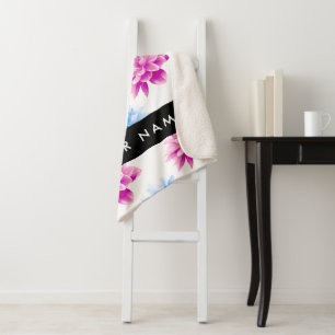 Pink and Blue Dahlia, Floral Pattern, Your Name Sherpa Blanket