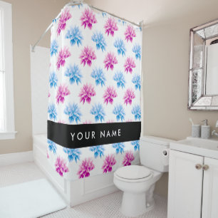 Pink and Blue Dahlia, Floral Pattern, Your Name Shower Curtain