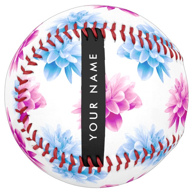 Pink and Blue Dahlia, Floral Pattern, Your Name Softball (Front Left)