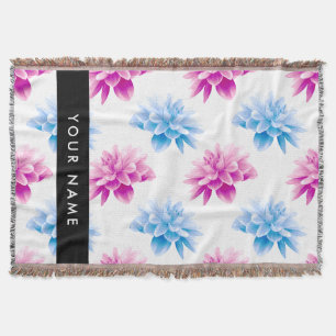 Pink and Blue Dahlia, Floral Pattern, Your Name Throw Blanket