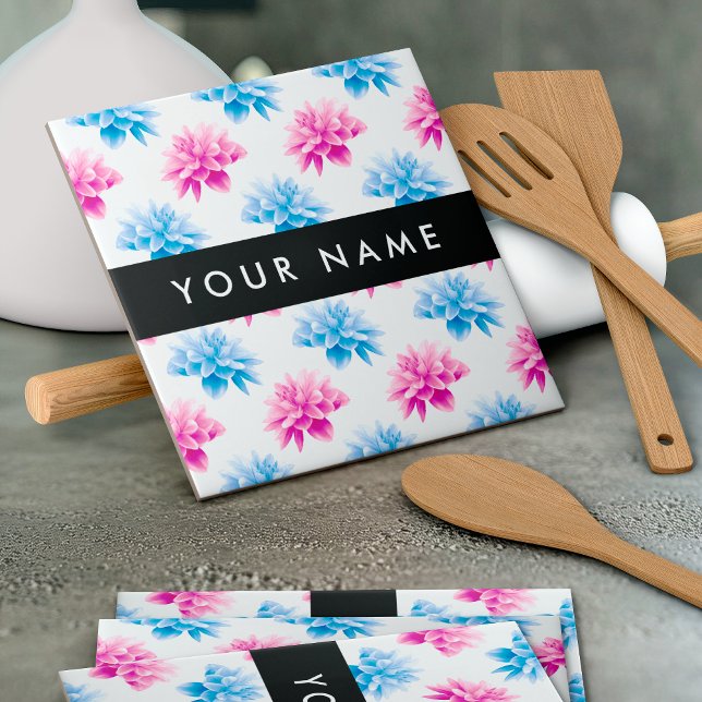 Pink and Blue Dahlia, Floral Pattern, Your Name Tile (Creator Uploaded)