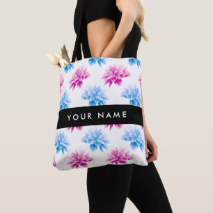 Pink and Blue Dahlia, Floral Pattern, Your Name Tote Bag