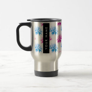 Pink and Blue Dahlia, Floral Pattern, Your Name Travel Mug