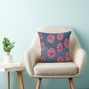 Pink and Blue Dahlia Pattern Throw Pillow