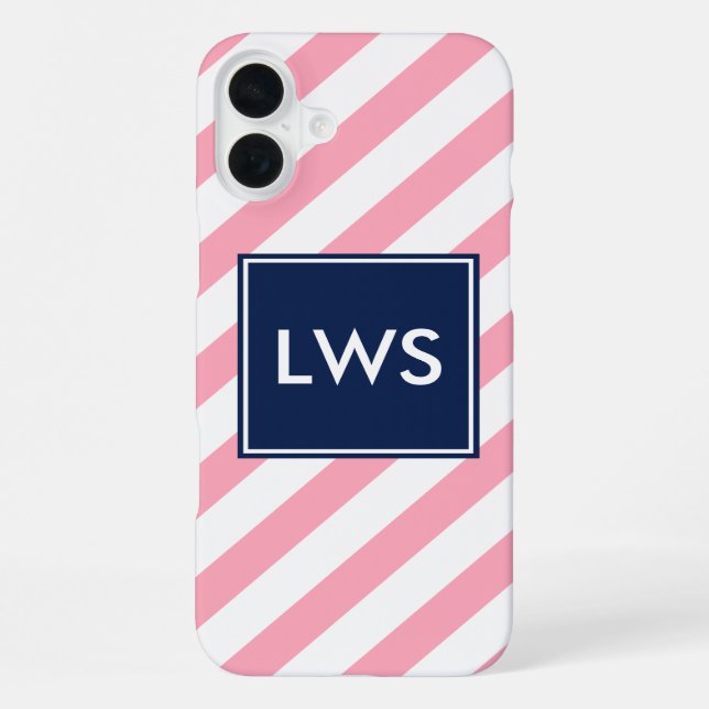 Pink and Blue Diagonal Stripes Monogram iPhone Case (Back)