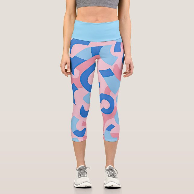 Pink and Blue Doodle Pattern Capri Leggings (Front)