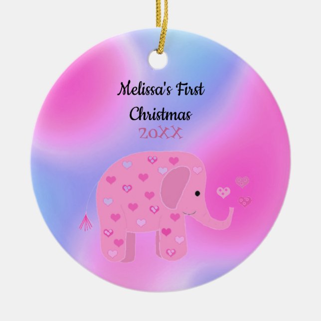 Pink and  Blue Elephant Baby First Christmas Ceramic Tree Decoration (Front)