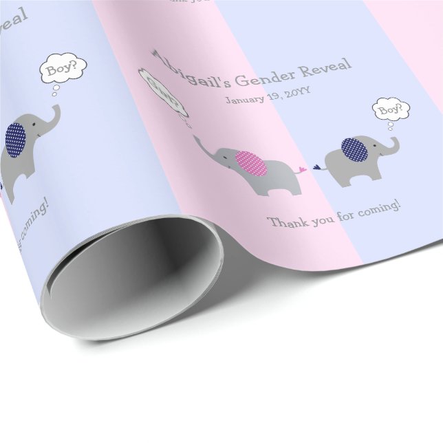 Pink and Blue Elephant Gender Reveal Baby Shower Wrapping Paper (Roll Corner)