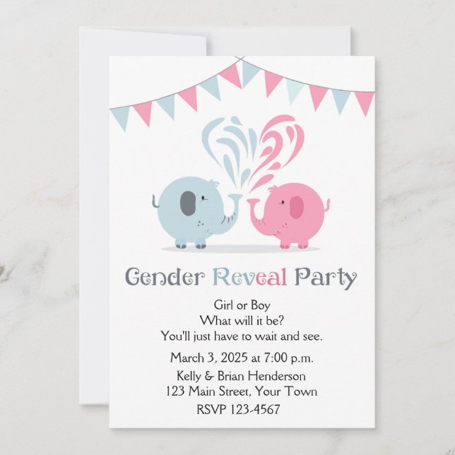 Pink and Blue Elephants Gender Reveal Invitation (Front)