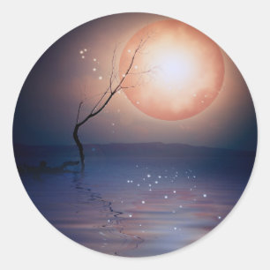 Pink and Blue Fantasy Sparkling Moon over water Classic Round Sticker