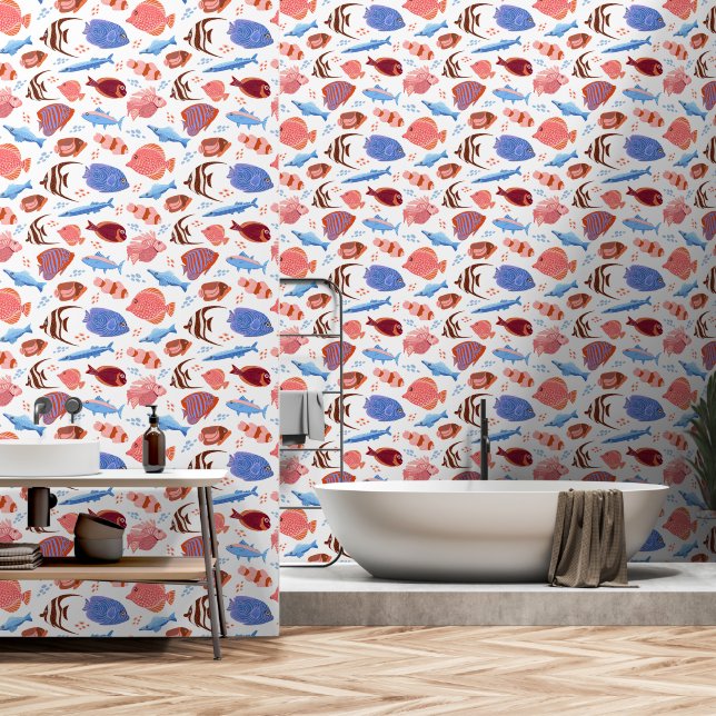 pink and blue fish pattern wallpaper (Bathroom)