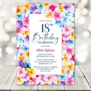 Pink and Blue Floral 18th Birthday Party Invitation