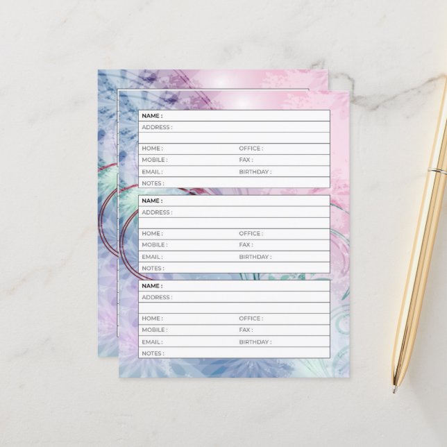 Pink and blue floral address book page (Front/Back In Situ)