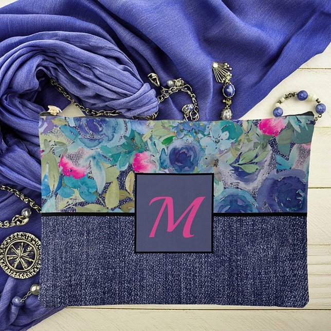 Pink and blue floral and denim monogram accessory pouch (Creator Uploaded)