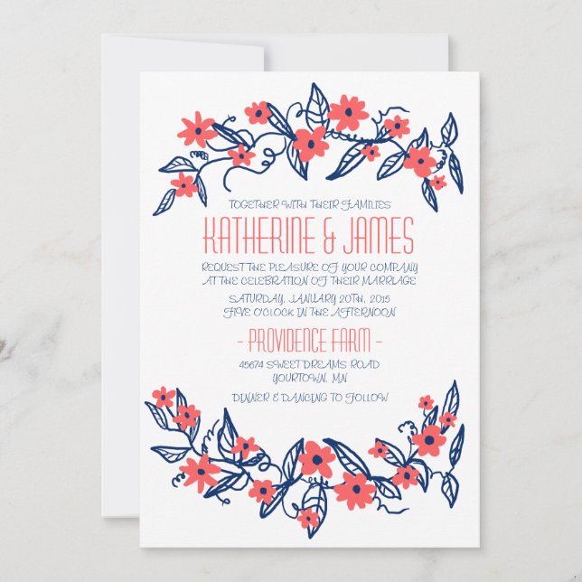 Pink and Blue Floral Banners Wedding Invitation (Front)