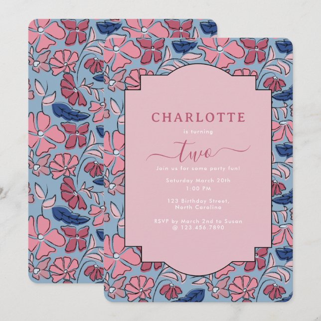 Pink and Blue Floral Block Print Girl Birthday Invitation (Front/Back)