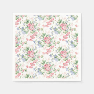 Pink and Blue Floral Chintz on White Napkin