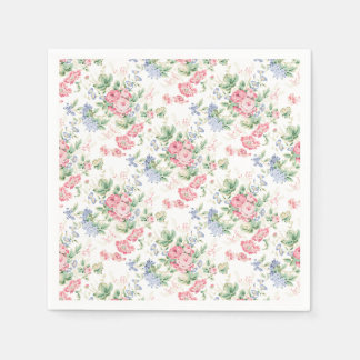 Pink and Blue Floral Chintz on White Napkin