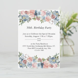 Pink and Blue Floral, Customisable,50th. Birthday Invitation