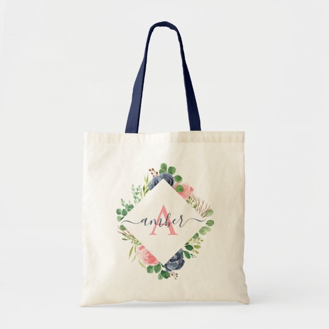 Pink and blue floral frame personalised tote bag (Front)