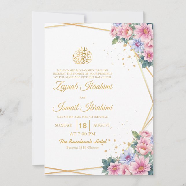 Pink and Blue Floral Gold Islamic Muslim Wedding Invitation (Front)
