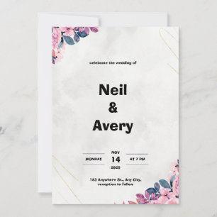 Pink and Blue Floral Minimalist Wedding Invitatio Invitation
