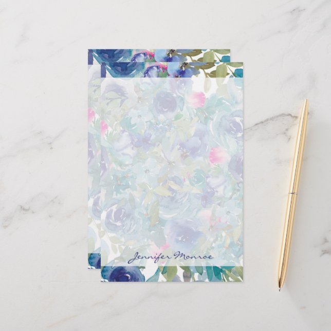 Pink and blue floral personalised stationery (Front/Back In Situ)