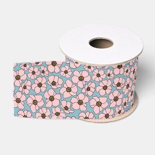 Pink And Blue Floral Print  Grosgrain Ribbon