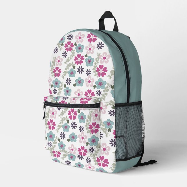 Pink and Blue floral Printed Backpack (Back Corner Right)