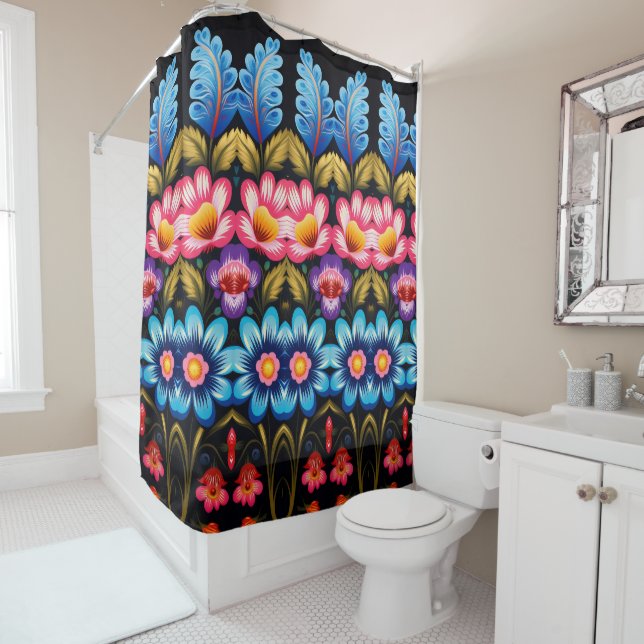 Pink and blue floral shower curtain (In Situ)