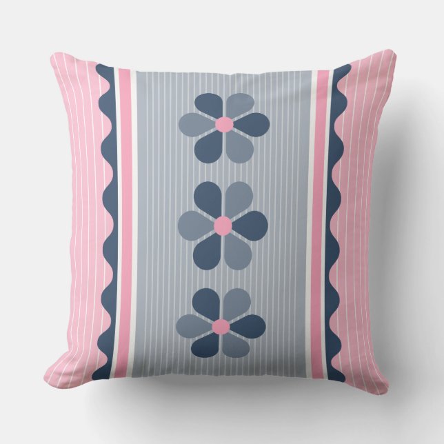 Pink and Blue Floral Stripe Cushion (Front)