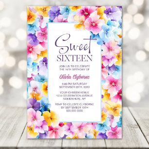 Pink and Blue Floral Sweet 16th Birthday Party Invitation